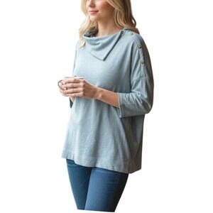 J.Jill Purejill Light Aqua Cotton  Sweatshirt Split Cowl Neck Button Shoulder XL